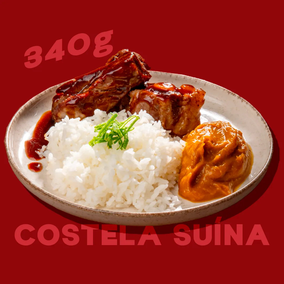 Costela suína, arroz japonês a purê de abóbora