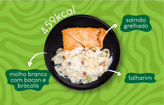 Ingredientes da Refeição de Salmão Grelhado e Talharim ao Molho Branco com Bacon e Brócolis