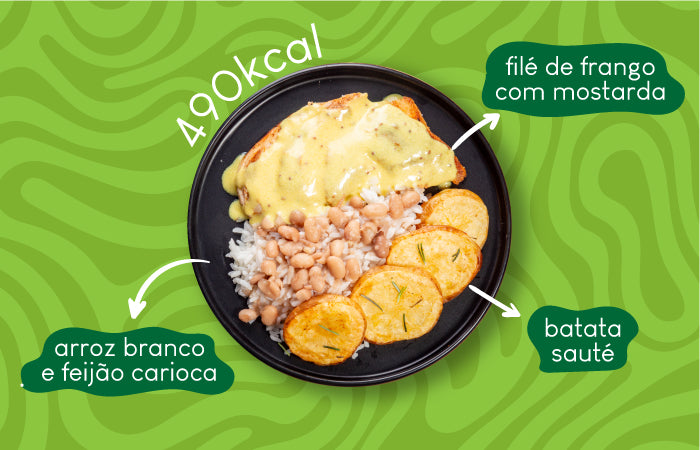 Ingredientes da Refeição de Filé ao Molho de Mostarda, Batata Assada em Rodelas, Arroz e Feijão