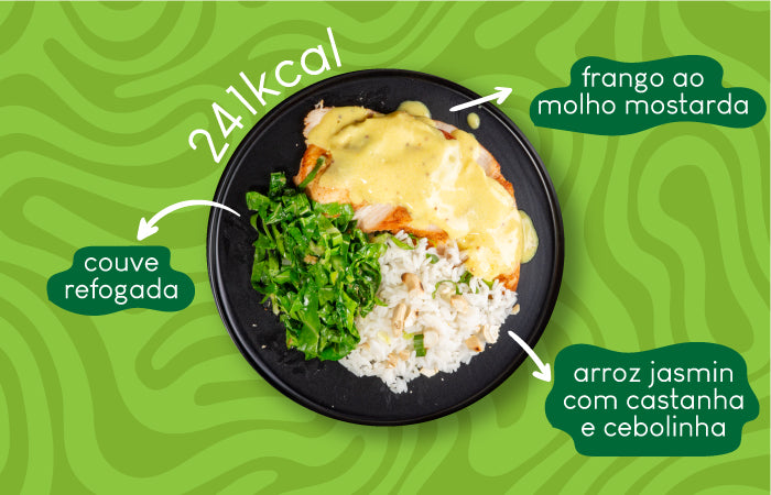 Ingredientes da Refeição de Filé ao Molho de Mostarda, Arroz Jasmine com Cebolinha e Castanhas de Cajú e Couve-Refogada