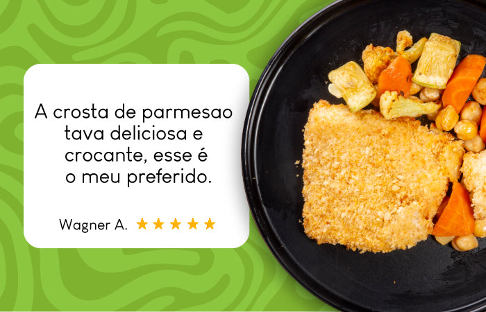 Frango com Crosta de Parmesão e Legumes Assados com Batata Bolinha