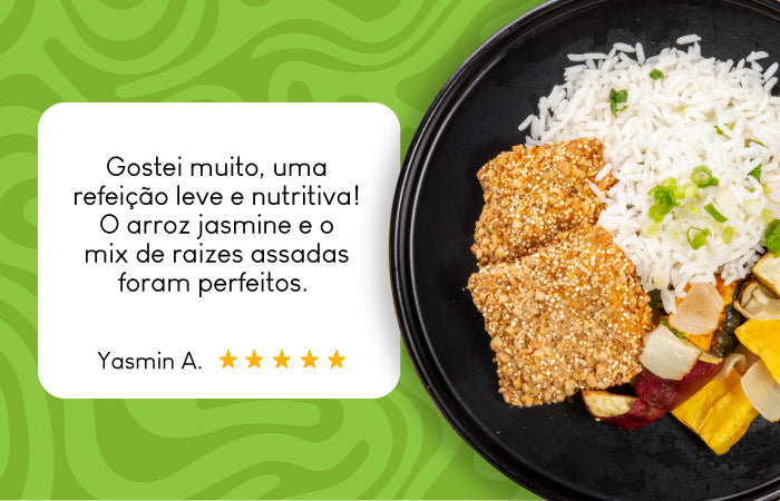 Avaliação da Refeição de Frango com Mix de Grãos, Arroz Jasmine Cebolinha e Mix de Raízes Assadas