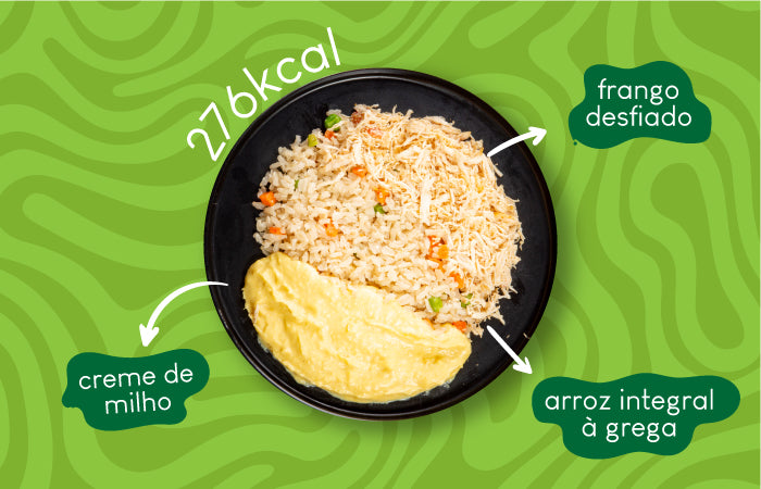 Ingredientes da Refeição de Frango Desfiado, Creme de Milho e Arroz Integral à Grega