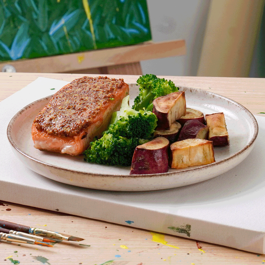 Salmão ao Molho Mostarda e Mel com Batata Doce e Brócolis