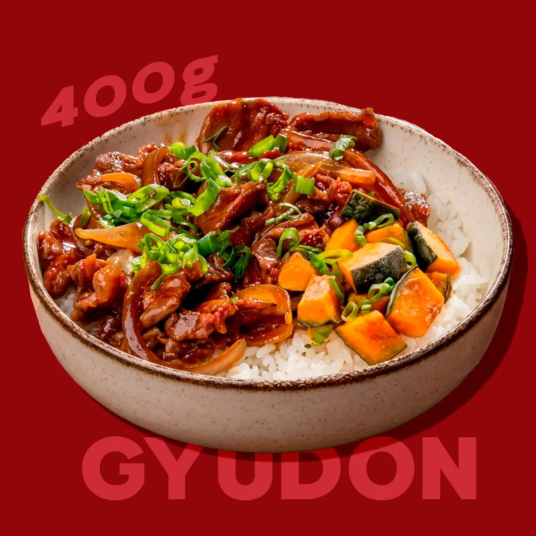 Gyudon, arroz japonês e abóbora kabocha