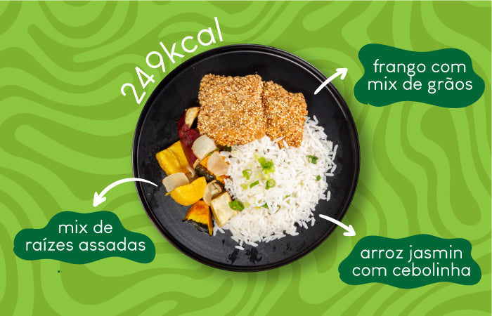 Ingredientes da Refeição de Frango com Mix de Grãos, Arroz Jasmine Cebolinha e Mix de Raízes Assadas