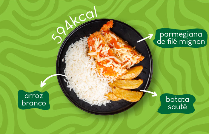 Ingredientes da Refeição de Parmegiana de filé mignon, arroz branco e batata rústica