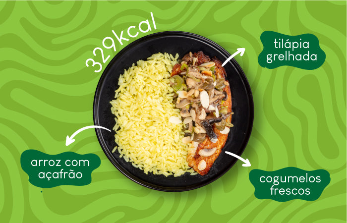 Ingredientes da Refeição de Tilápia com Cogumelos Frescos, Alcaparras, Amendôas e Arroz com Açafrão